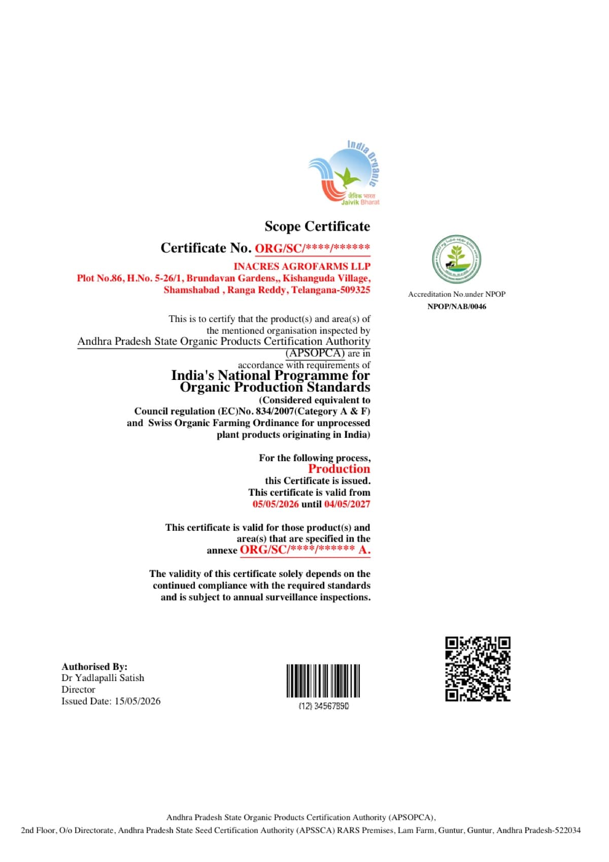 InAcres organic scope certificate 2026-27